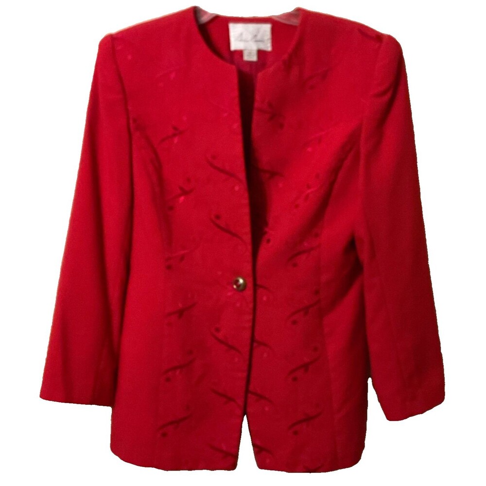 VTG Anne Carson Red Embroidered Lined Blazer Jewel Button Collarless Artsy Sz 10
